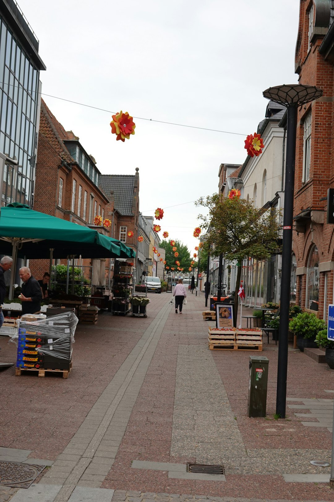 Busy Saturday market street scene in a Danish town