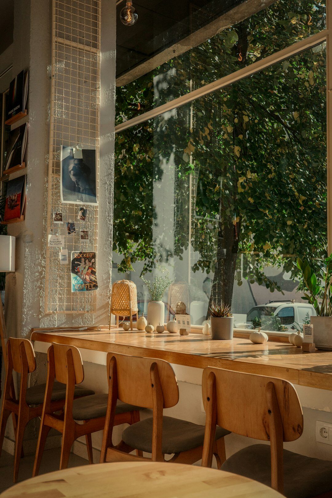Cosy Danish cafe interior with coffee cups on a wooden table